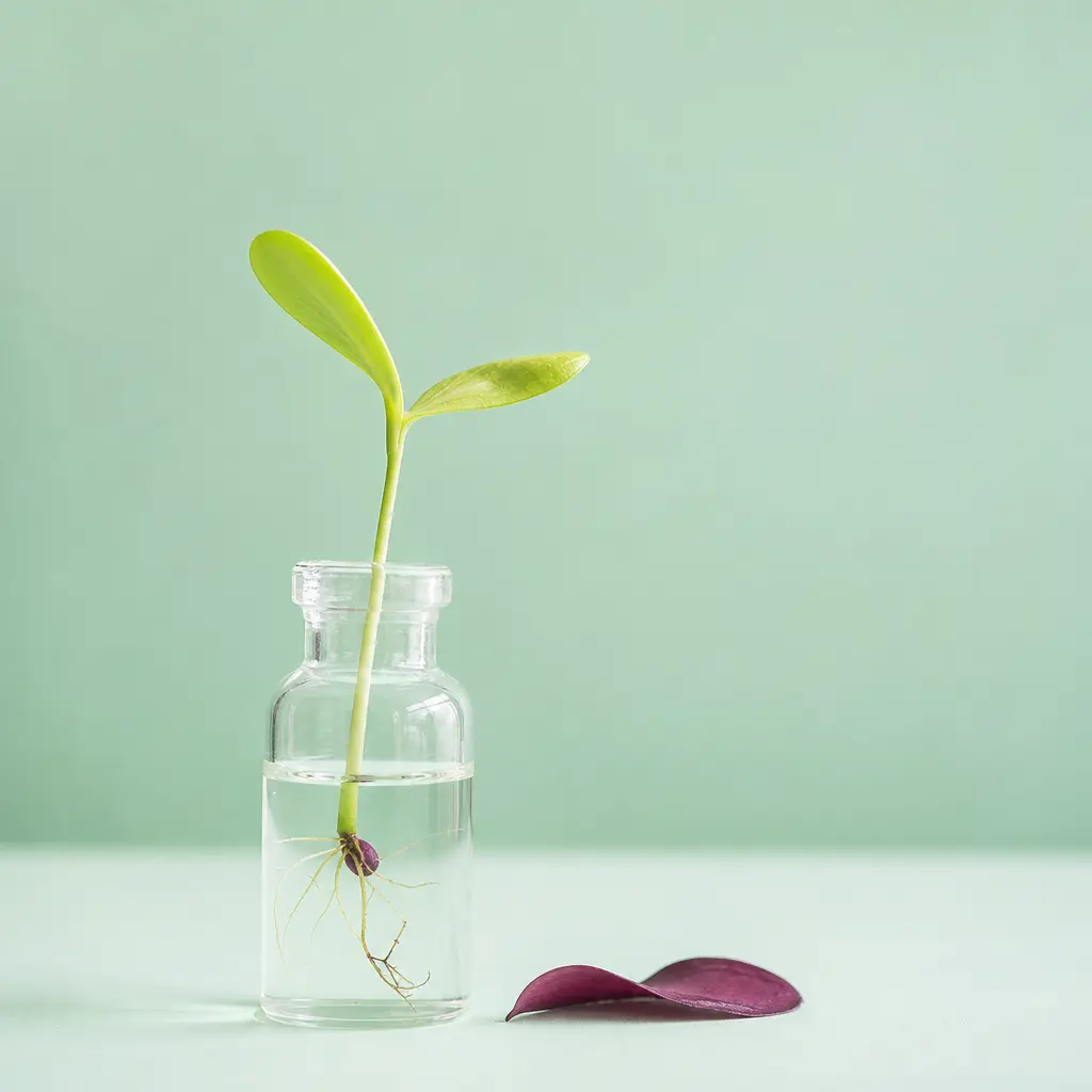 A seedling in a clear vial against a pale mint ground