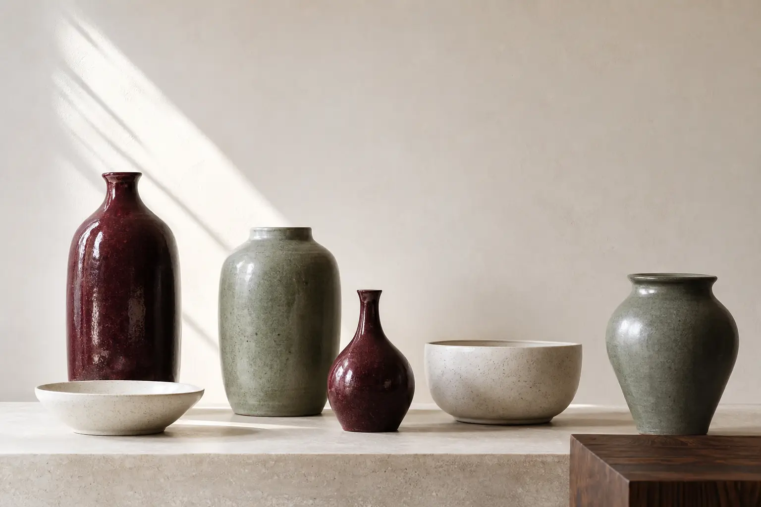 A row of hand-thrown ceramic vessels on a pale plinth
