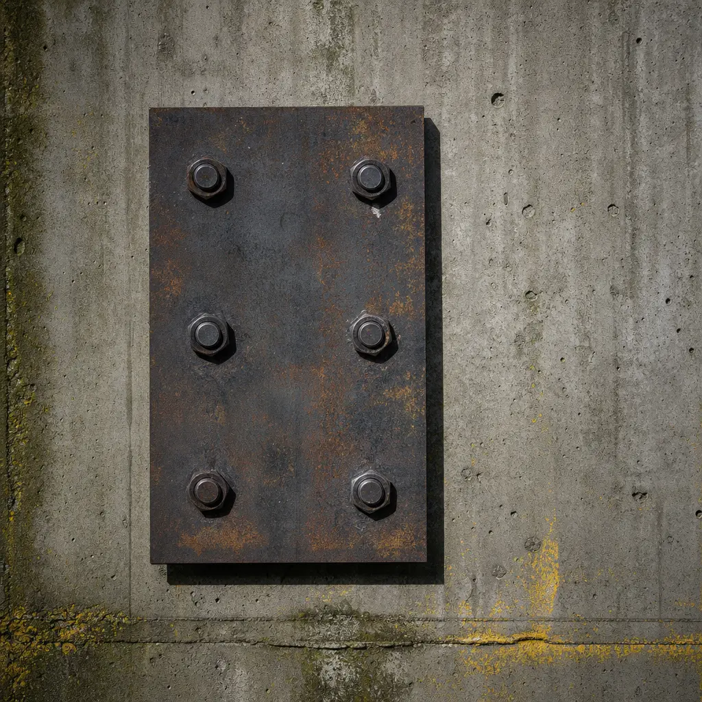A bolted steel plate against a concrete face