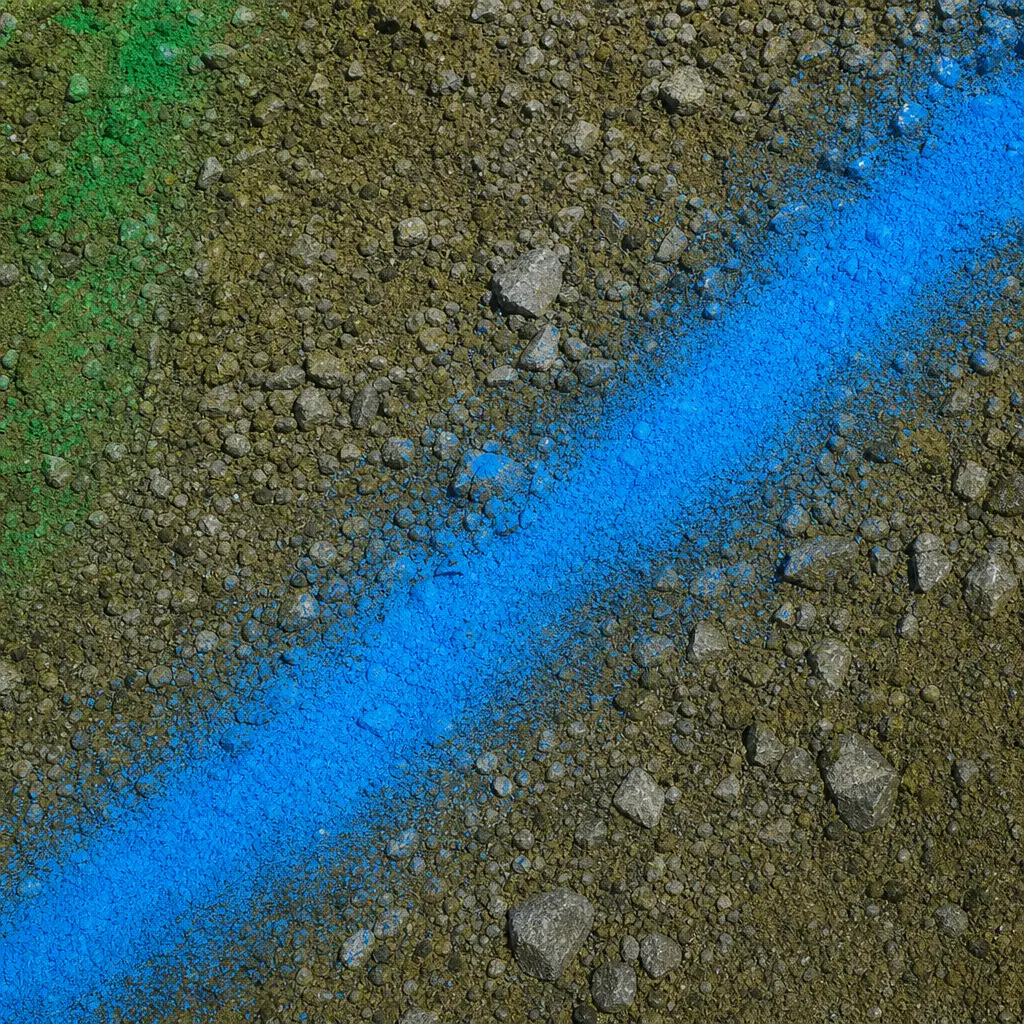 A blue marking-paint line sprayed across gravel