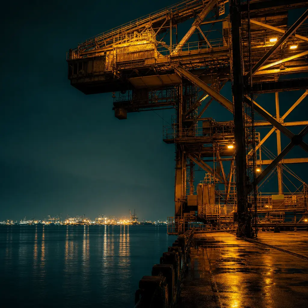Floodlit steel structure against a dark teal sky