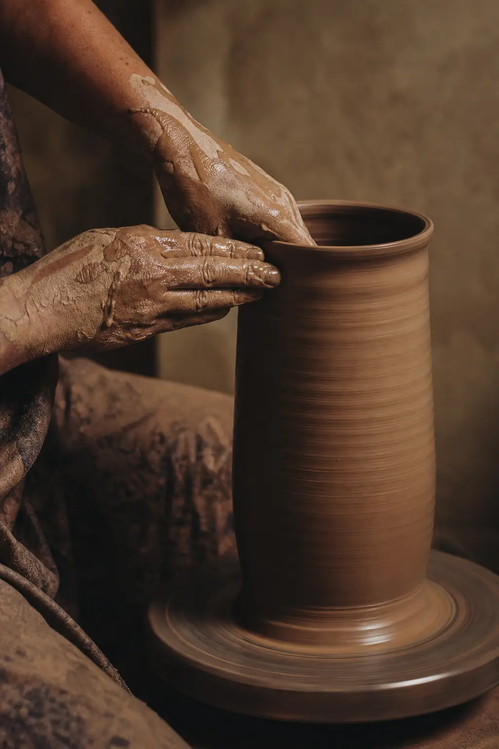 Clay-covered hands shaping a vessel on a wheel