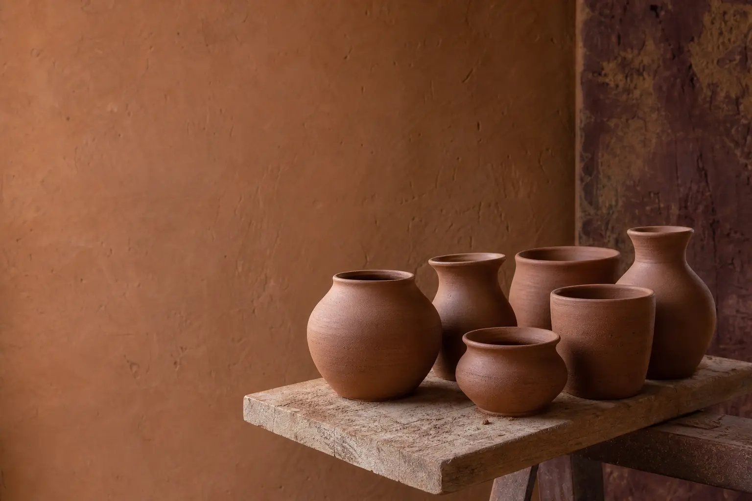 Unfired clay vessels drying on a wooden board