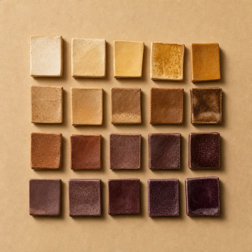 Test tiles showing clay glazes from ochre to plum