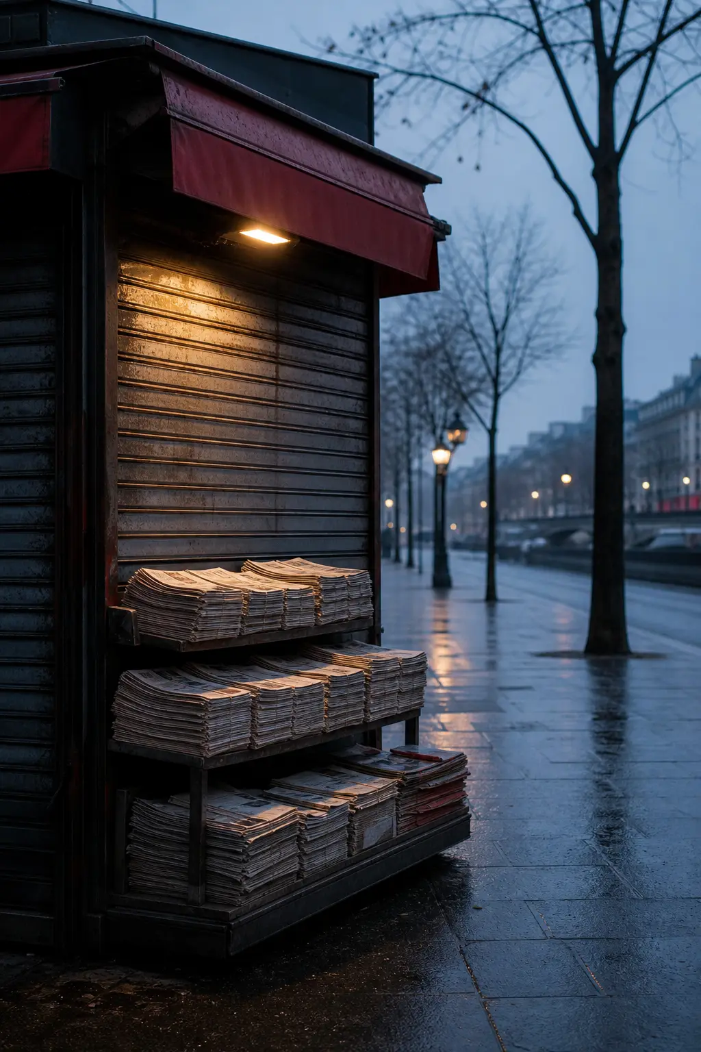 A shuttered newspaper kiosk on an empty street at dawn