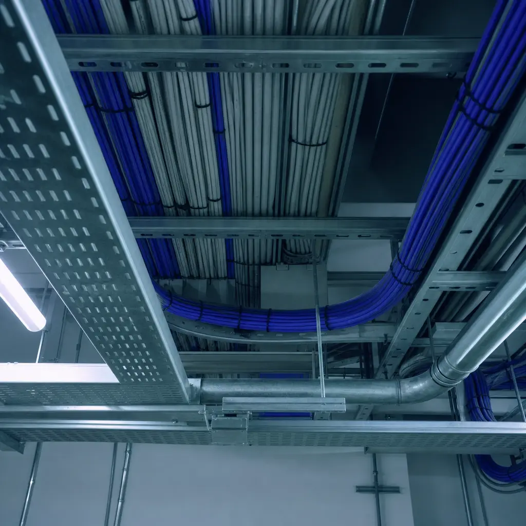 Cable trays crossing a ceiling void