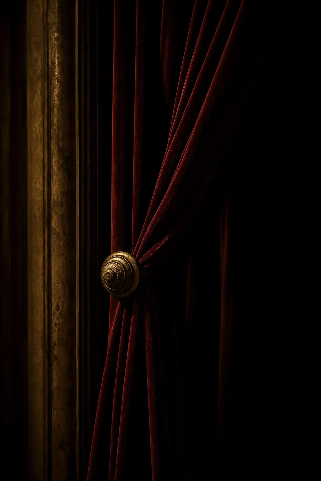 Heavy oxblood stage curtains in low warm light